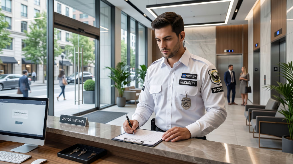 Anderson Blake Security guard managing visitor check-in at front desk