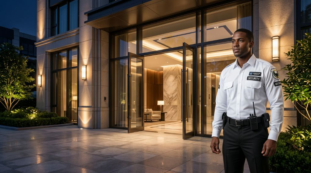 Anderson Blake Security uniformed guard on duty at building entrance – Mississauga Ontario