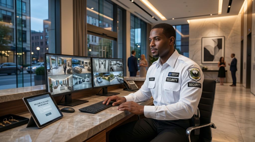 Anderson Blake Security guard monitoring CCTV surveillance cameras at front desk