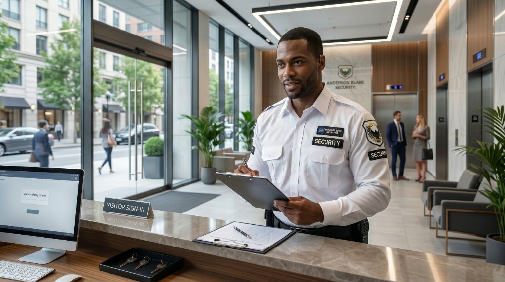 Anderson Blake Security uniformed guard at visitor sign-in desk in Ontario